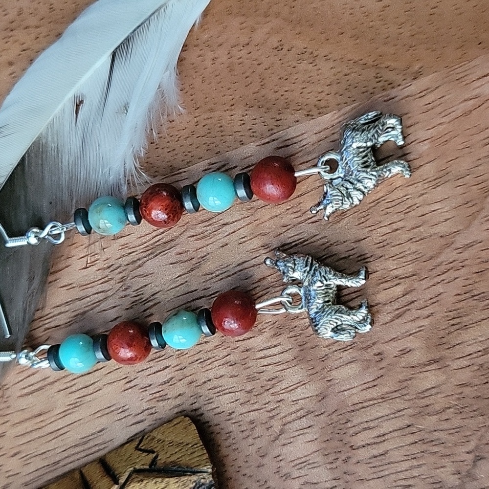 Southwestern Red Apple Coral Turquoise Hematite Silver Wolf Charm Earrings Boho - Picture 2 of 4